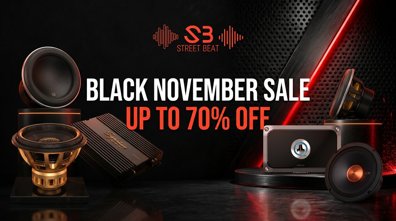 Street Beat Black November Sale — up to 70% off, with Signature Audio gold subwoofer and amplifier, JL Audio W7 and VXi amplifier, and Memphis gear